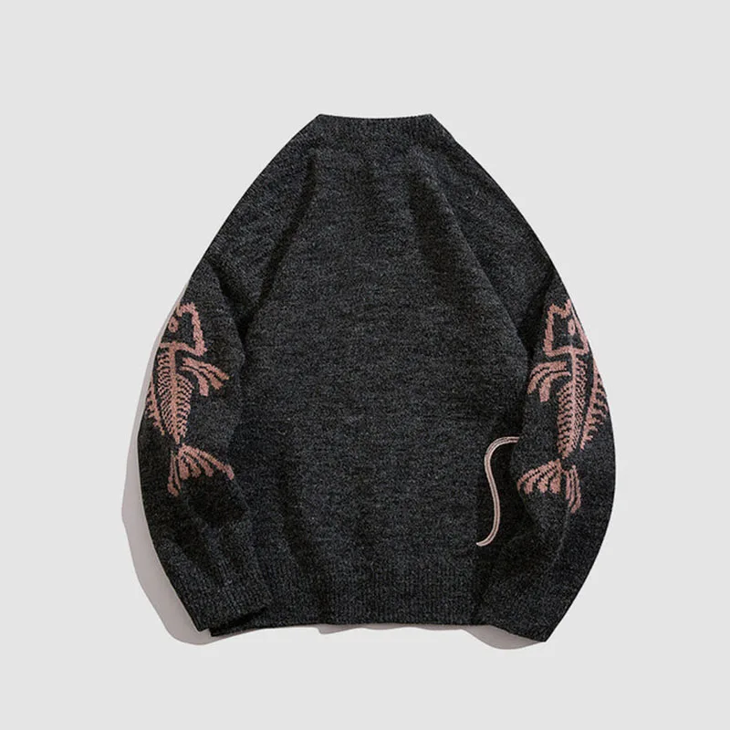 Retro Loose Sweater Men's Harajuku Kitten Printed Knitted Sweater Autumn and Winter Y2k Fashionable Street Pullover