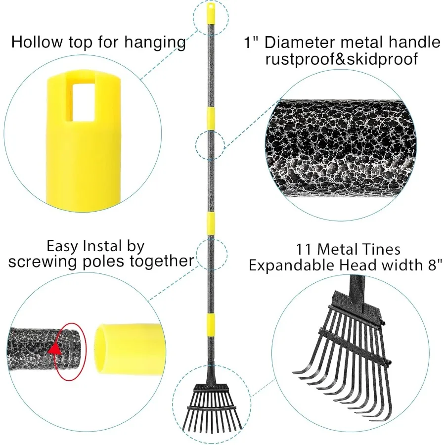 Oliynedy Adjustable Metal Garden Rake for Leaves Long Handle 3060 Inches with 11 Tines and 9Inch Width Compact Collapsible Desi