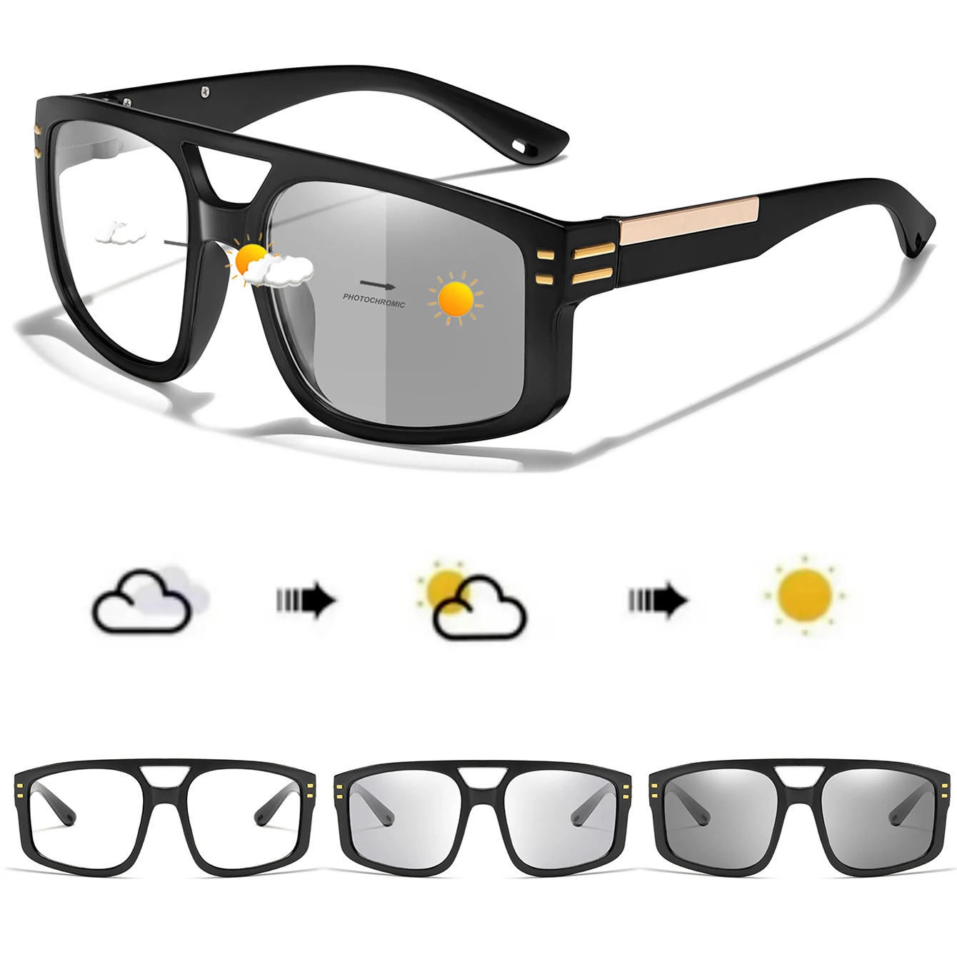Photochrome Sonnenbrille für Damen und Herren, quadratisch, winddicht, lässig, modisch, für Outdoor-Sportarten, Laufen, Wandern, Radfahren
