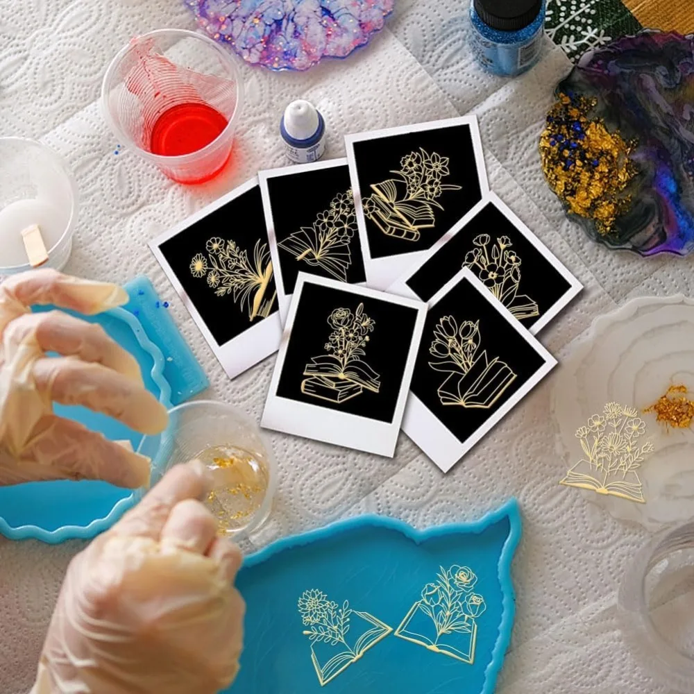 9Pcs 1.6x1.6 Inch Metal Stickers Book Metal Sticker Self Adhesive Flower Book Stickers Books Theme Epoxy Sticker Pyramid Decals