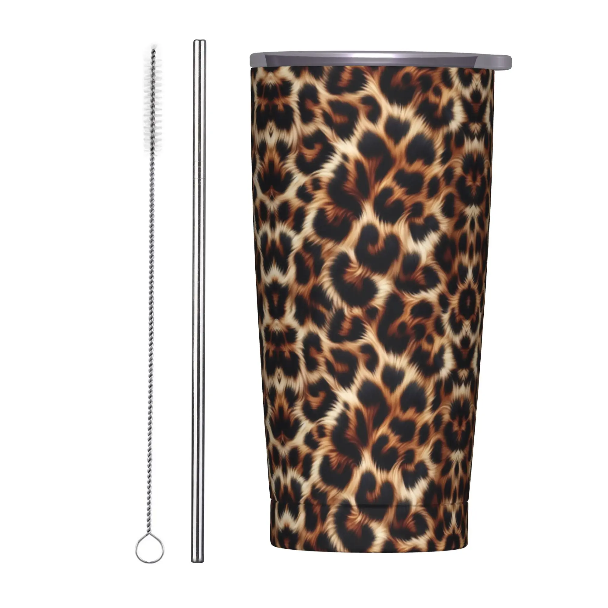 Leopard Insulated Tumbler with Straws Faux Fur Vacuum Coffee Mugs Office Home Car Bottle Cup, 20oz