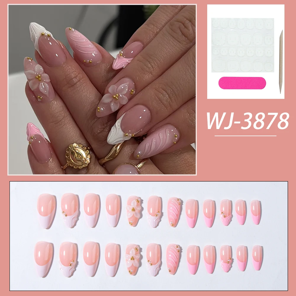 24개 세트 롱 아몬드 플라워 핑크와 화이트 프렌치 프레스온 네일 팁 프렌치 아크릴 가짜 손톱, 3D 젤로 스타일을 업그레이드하세요
