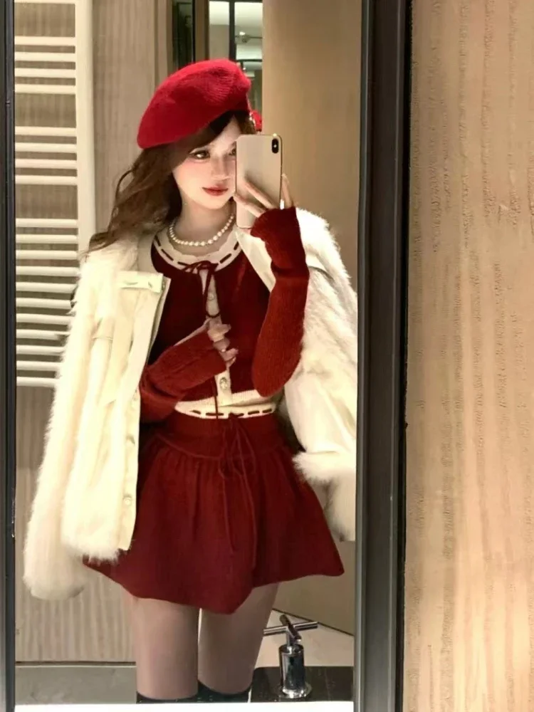 2023 Autumn Winter New Christmas Red Skirt Suit Women Casual Slim Blouse + Y2k Mini Skirt Sweet Fashion 2 Piece Skirt Set Female