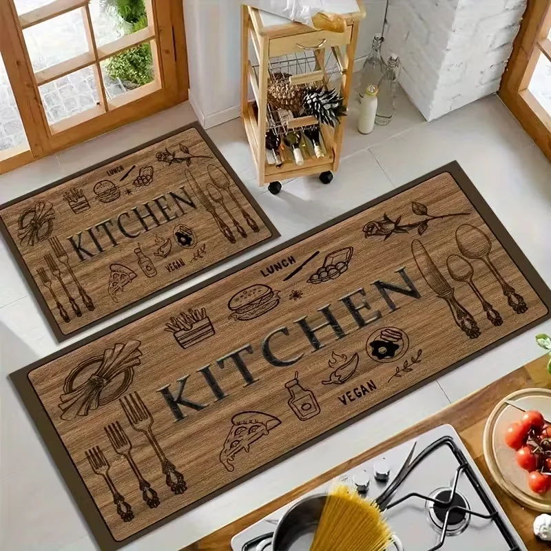 Wood-grain Kitchenware Pattern Rugs for Kitchen, Living Room, Porch, Balcony, and Home Decor Hallway Laundry Room Entrance Mats