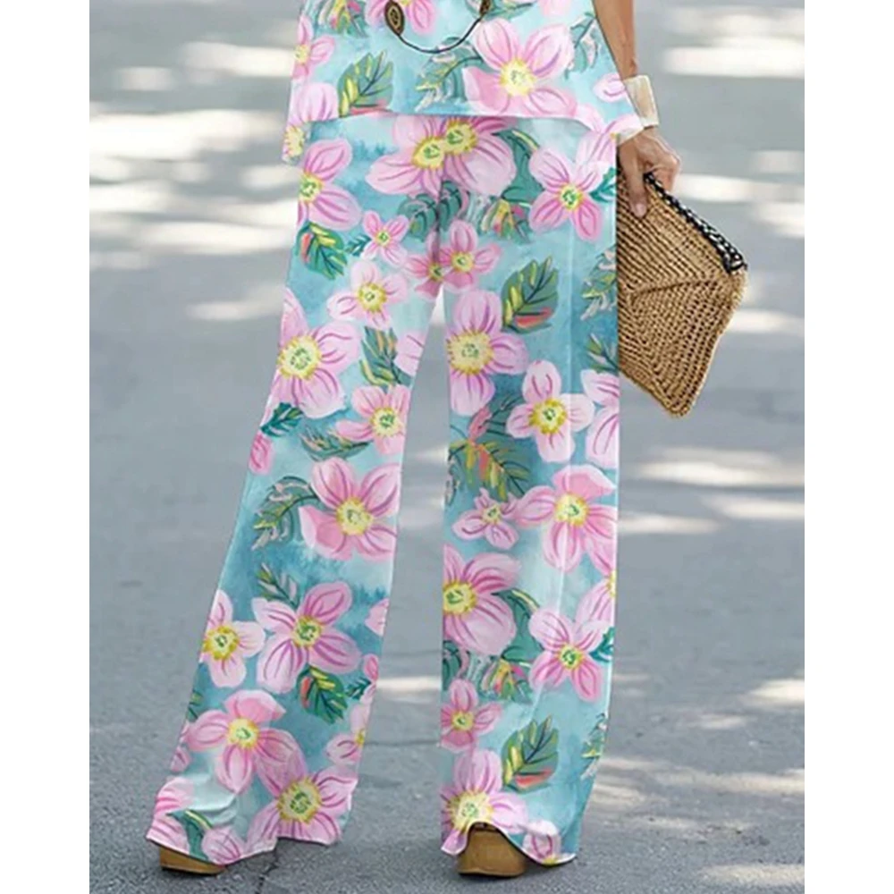 Women Floral Print Sleeveless Tank Top & Wide Leg Pants Set Loose Causal Streetwear Summer Suit Clothes Two Piece Set Women