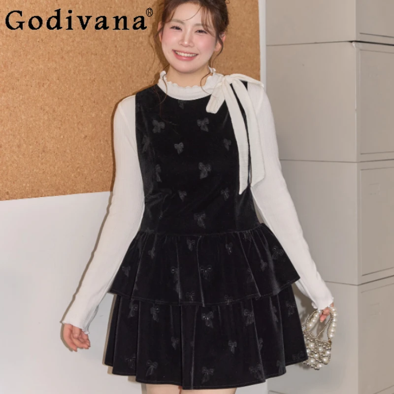 

Large Size Girl High Waist Stand-up Collar Velvet Vest Cake Dress Autumn Winter Korean Age-reducing Long-sleeved Bottoming Shirt