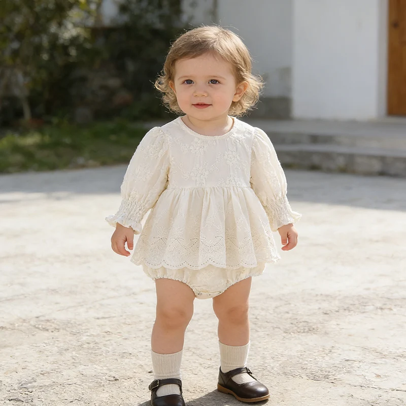 

2026 New Spring Korean Style Climbing Suit Long Sleeved Cotton Embroidery Newborn Baby Girls Bodysuits 0-24M Baby Girl Clothing