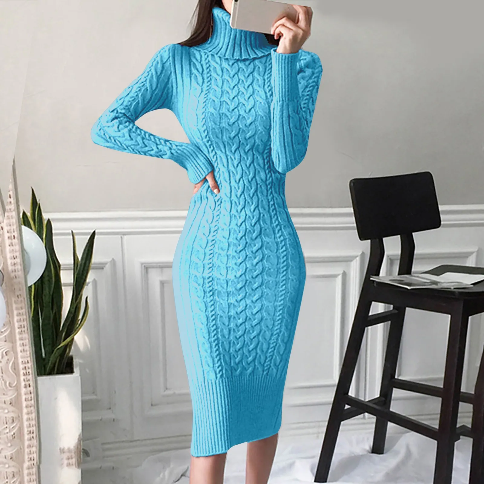 Damen-Strickkleid, Rollkragen, lange Ärmel, schlank und schlank, mittellanges Overknee-Kleid im Herbst-Winter-Pullover, langes Kleid