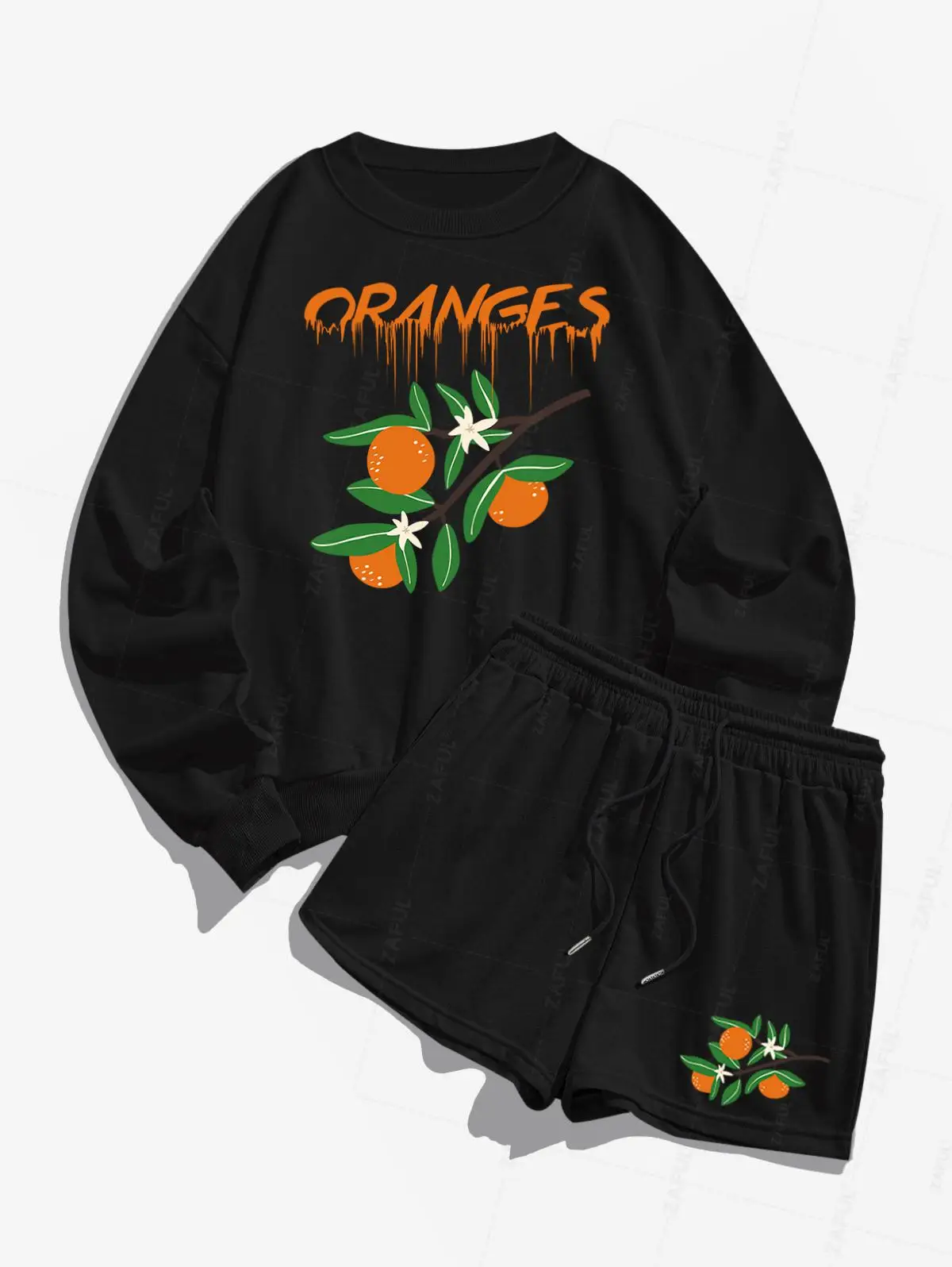 Women's Letter Oranges Tree Branch With Flowers Leaves Graphic Printed Crew Neck  Sports Sweatshirt And Drawstring Shorts Set