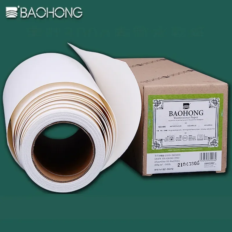 baohong-watercolor-paper-roll-300g-natural-white-100-cotton-106-146in-394in-27-37cm-10m-professional-paper-cold-press-rough