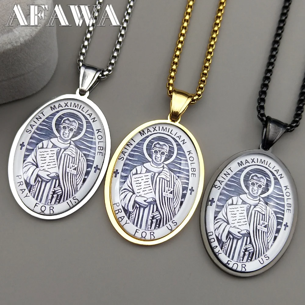 

SAINT MAXIMILIAN KOLBE PRAY FOR US Stainless Steel Glass Medal Pendant Necklaces for Women Men Gold Color Chatholic Jewelry Gift