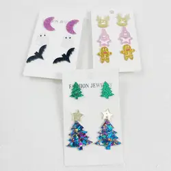 Christmas Tree Design With Gird Plaid Pattern Stud Earrings Acrylic Jewelry Retro Party Style Adorable Female Gift