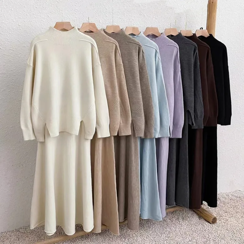 High Quality Lazy Fashion Casual Knitted 2 Piece Set Women Loose Pullover Tops + Long Skirt Sets Ladies Sweater Two Piece Suits