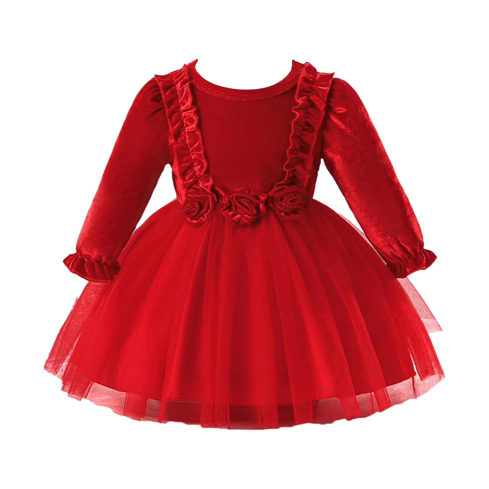 Baby Girls Christmas Dance Costume Long Petal Sleeve O-neck Flower Decoration Pleated Trim Mesh Patchwork Velvet Ball Gown