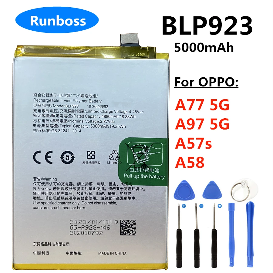 New Original 5000mAh BLP923 Phone Battery For Oppo A77 CPH2339 / A97 5G PFTM10 / A57s CPH2385 / A58 PHJ110 Replacement Batteries