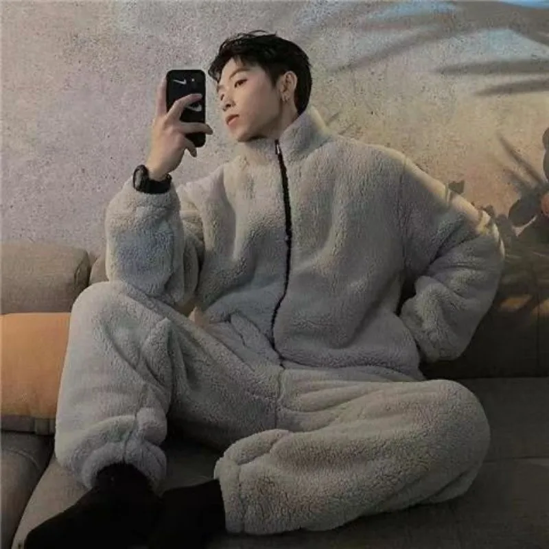 Zipper Pajamas for Men Fleece Winter Sleepwear Korean Pajamas in Set Couples Sleeping Wear Pijama 2 Pcs Pants Sets Home Suit