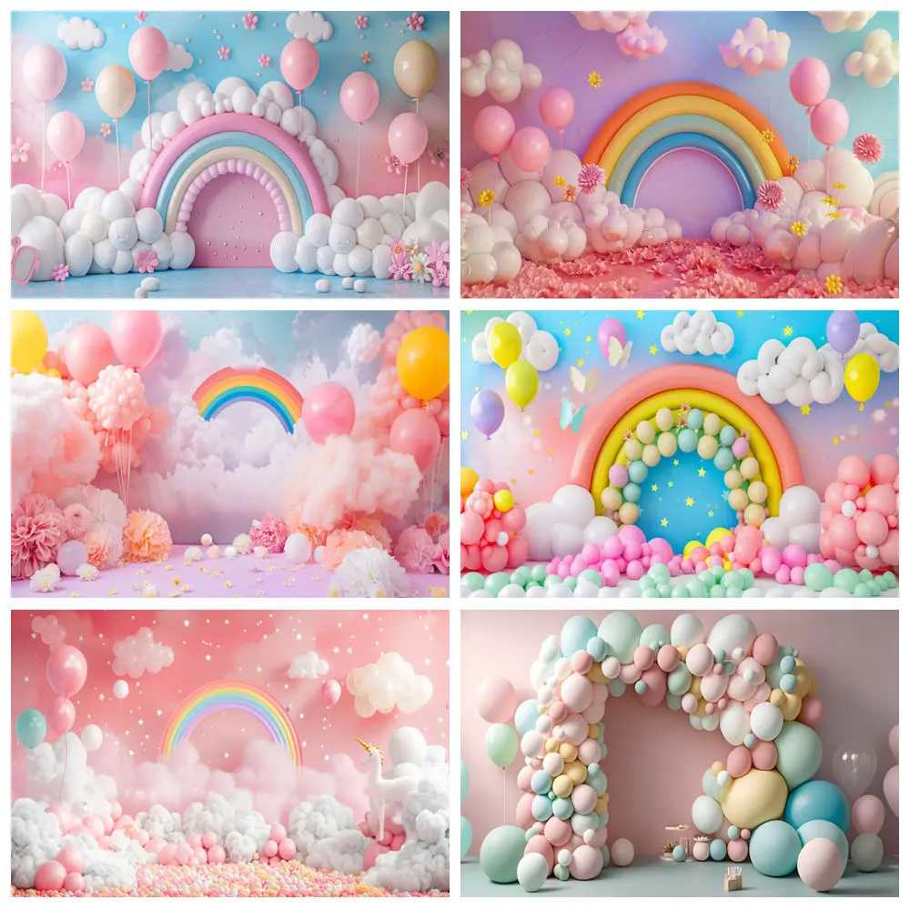 

Newborn Baby 1st Birthday Backdrop For Photography Arch Door Colorful Balloons Blue Sky Hot Air Balloon Background Photo Studio