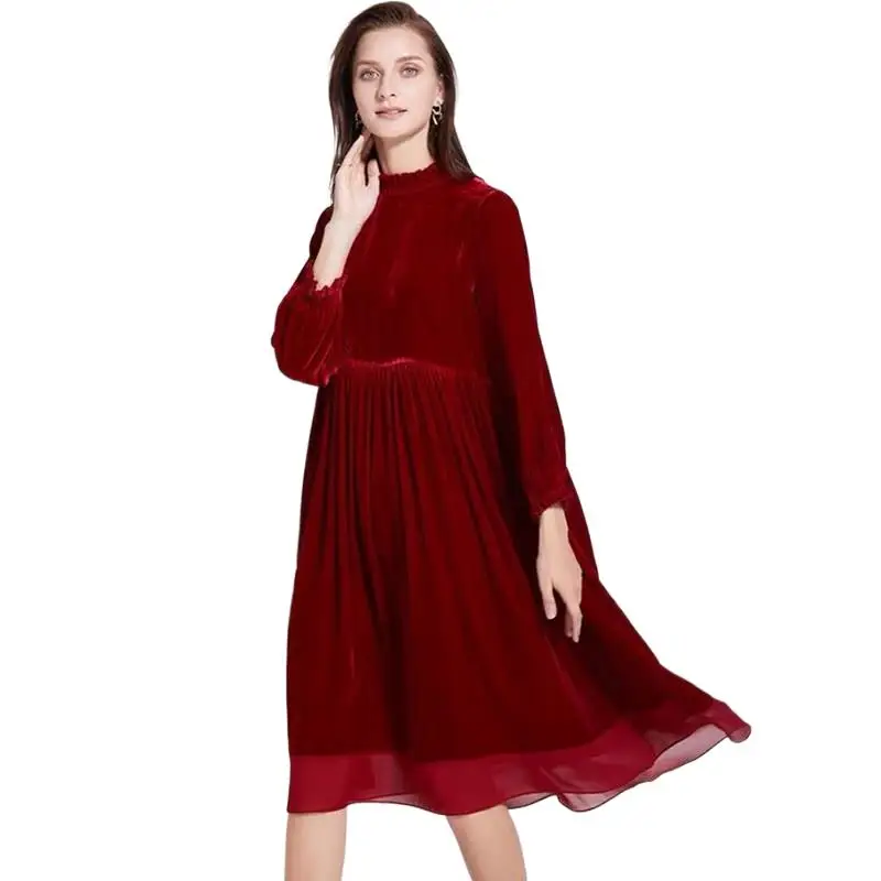 2024 Spring Autumn High Quality Long Sleeve Velvet Dress patchwork elegant golden velour dress party vestidos de fiesta