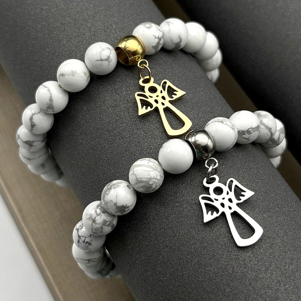 

Angel Cross Cuff Bracelet For Women Men Stainless Steel Gold Color Religion Faith Amulet Natural Stone Hand Chain Jewelry Gifts