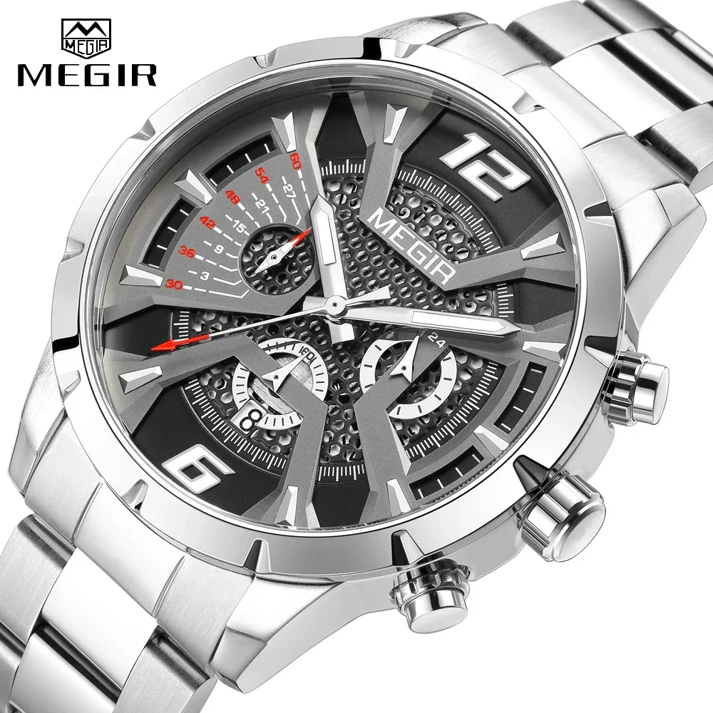 MEGIR Men Dress Quartz Watch Fashion Strap Waterproof Steel Strap Chronograph Analog Wristwatch Male Auto Date Luminous Hands