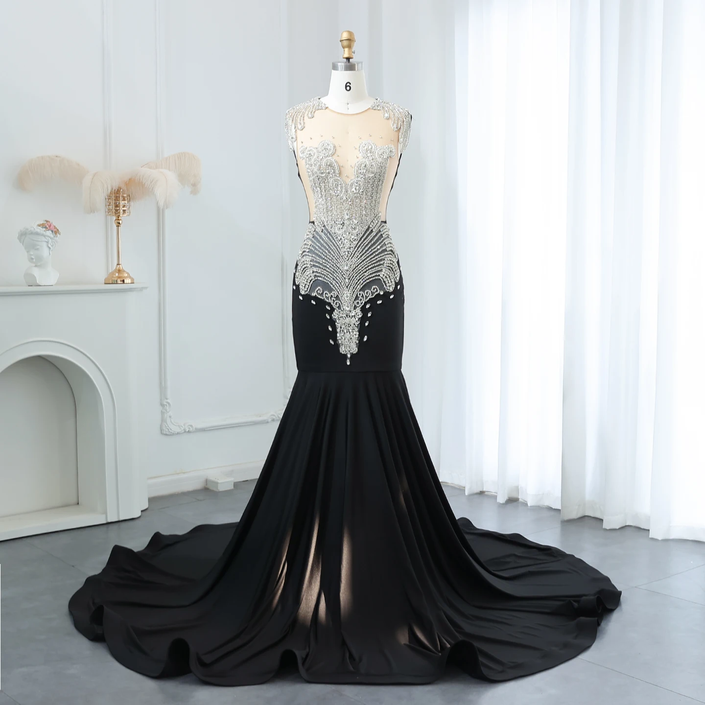 

Sharon Said Elegant Black Satin Scoop Neck Crystal Mermaid Prom Dress Evening Party Gowns SH017 Customized