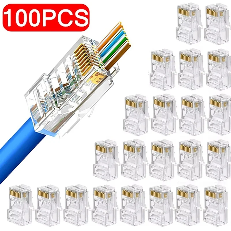 100Pcs/Lot RJ45 CAT6 CAT5e Pass Through Connectors Crystal End Gold-Plated 8P8C Crimp UTP Standard Ethernet Network Modular Plug