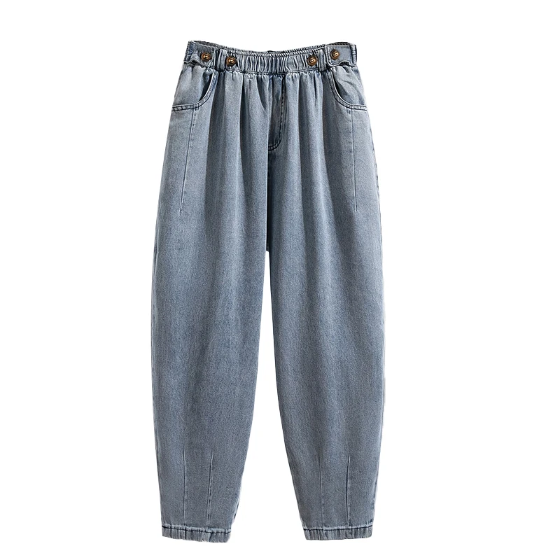 

Spring 2025 Women's Elastic Waist Denim Jeans Casual High Waist Nine Points Loose Fit Dad Pants Big Size plus Size Harlan