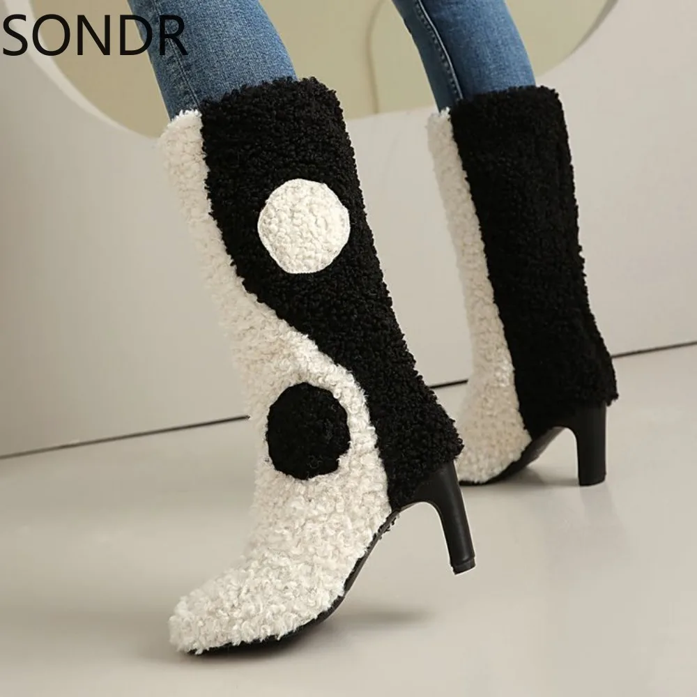 Womens Fur Furry Mid Calf Boots Tai Chi Black White Kitten High Heel Warm Winter Snow Shoes Plus Size   New 2024