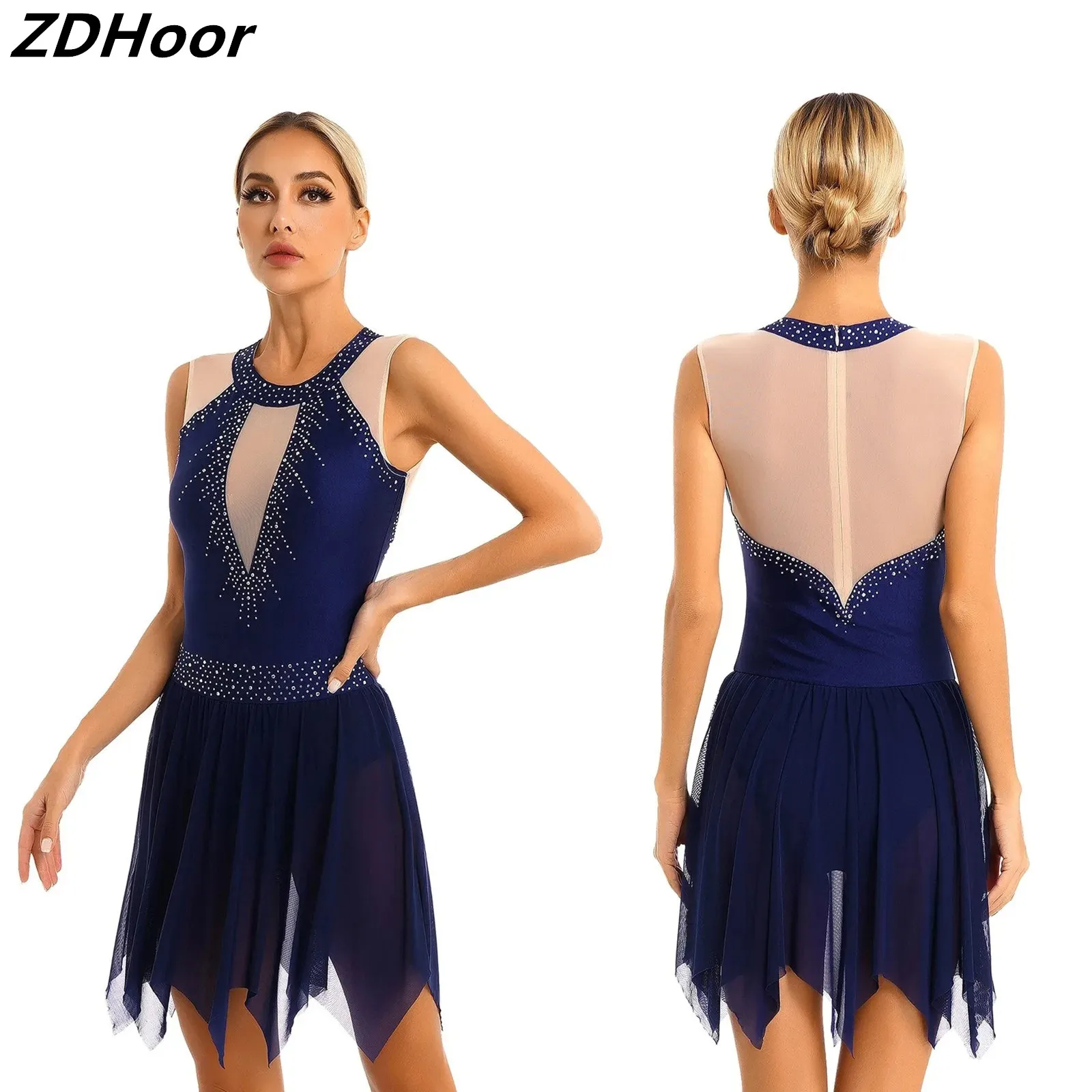 

Women Figure Skating Dance Dress Performance Costume Sheer Patchwork Mesh Leotard Dress Glitter Rhinestone Sleeveless Dresses