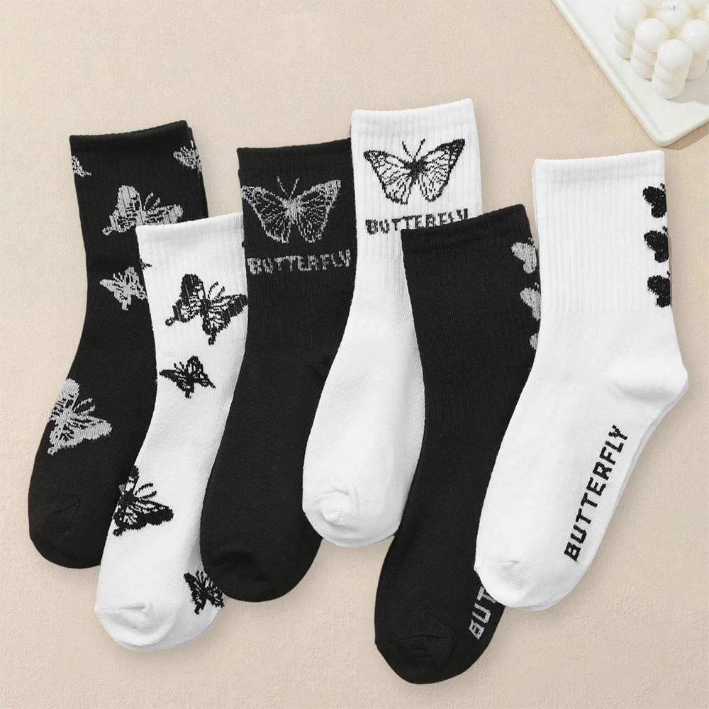 6 Pairs Men Butterfly Printed Pattern Socks Trendy Fashionable Creative Socks Casual Comfortable Lightweight Medium Length Socks