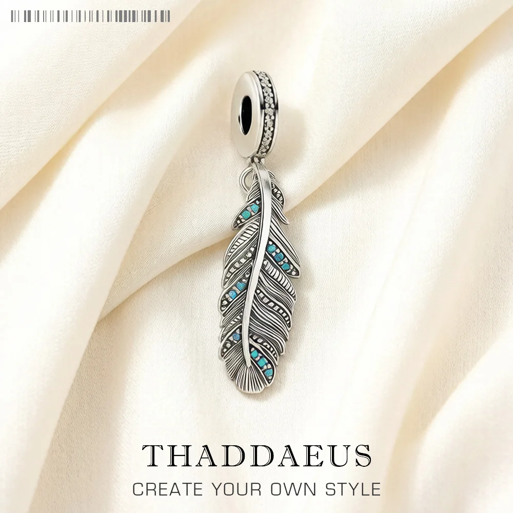 Fashion New 925 Sterling Silver Feather Blue Pendants Charm For Women Men Trendy Accessory Making