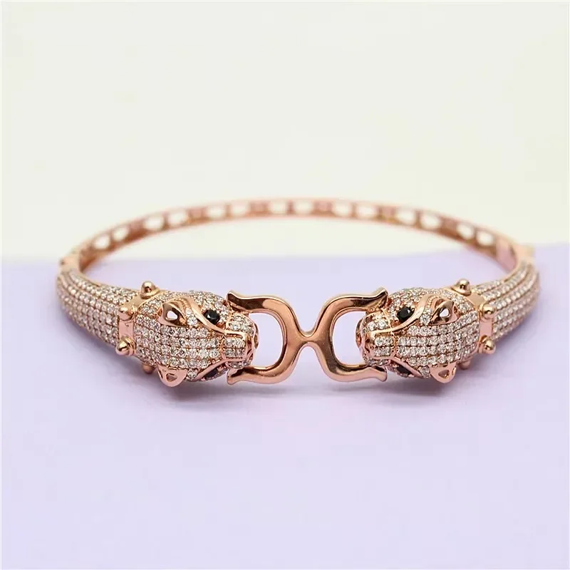 

585 Purple Gold Plated 14K Rose Gold Luxury Micro Inlay Crystal Fashion Leopard Head Bracelet for Women Classic Wedding Jewelry