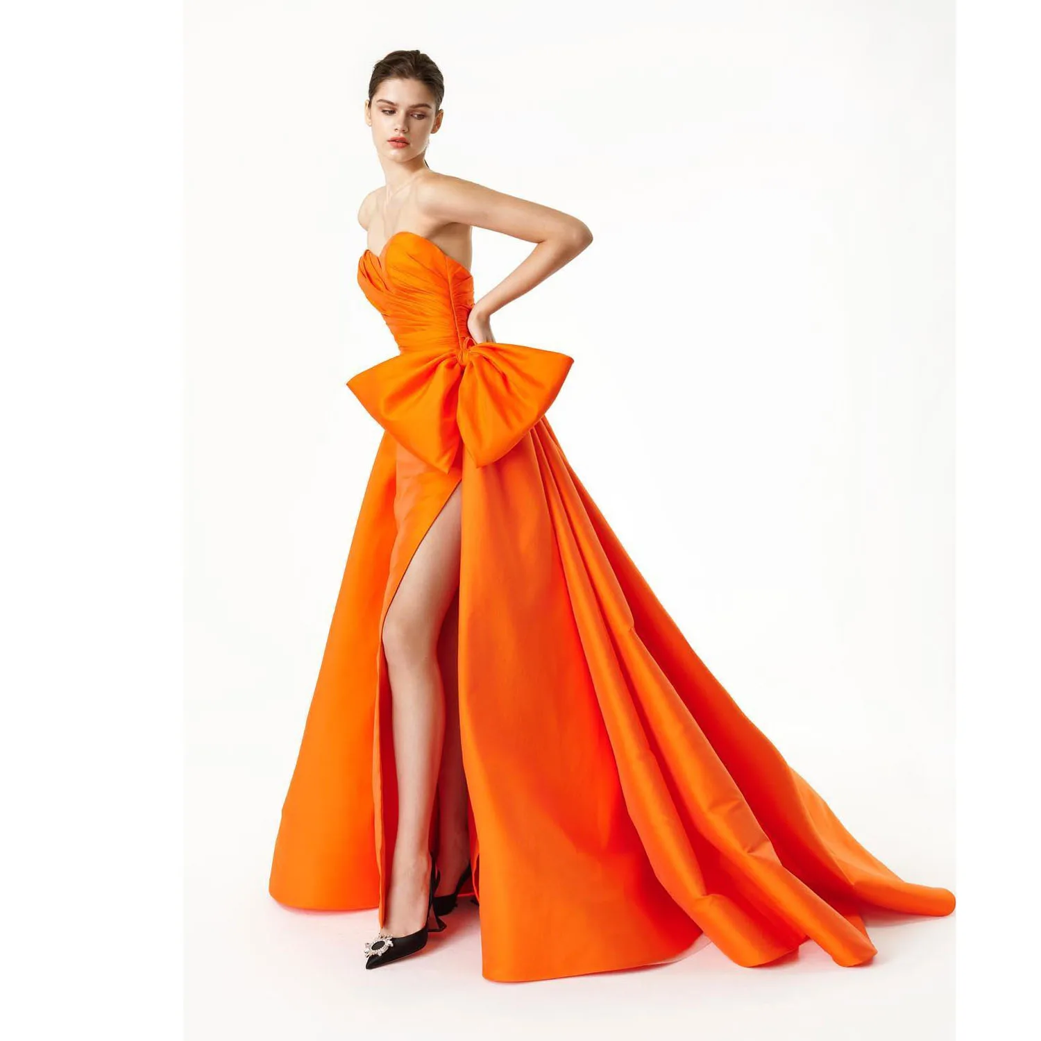 Vestido de noche largo de satén con lazo para mujer, traje de fiesta Formal con abertura alta, color naranja, Primavera, 2024