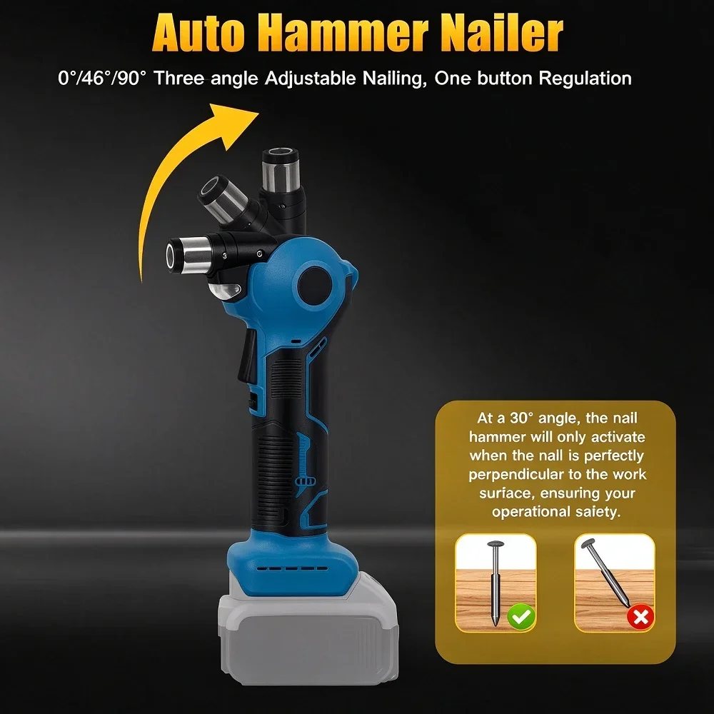 Electric Nail Hammer Auto Adjustable Woodworking Nail 0-90° Screwdriver Magnetic Head LED Light Rechargeable For Makita Battery