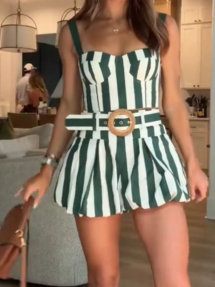 New Holiday Women Summer Fashion Spaghetti Strap Sleeveless Zipper Top Shorts Two-Piece Set Striped Patchwork Chic Simple Outfit
