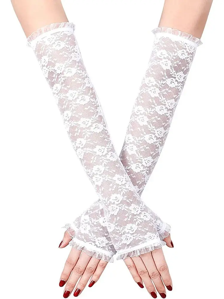 AliExpress LAOVCE Long Lace Hollow-Out Fingerless Gloves Sun Protection Sleeves Mesh Lace Thin Cycling Sexy Accessories Black Bare Finger Gloves