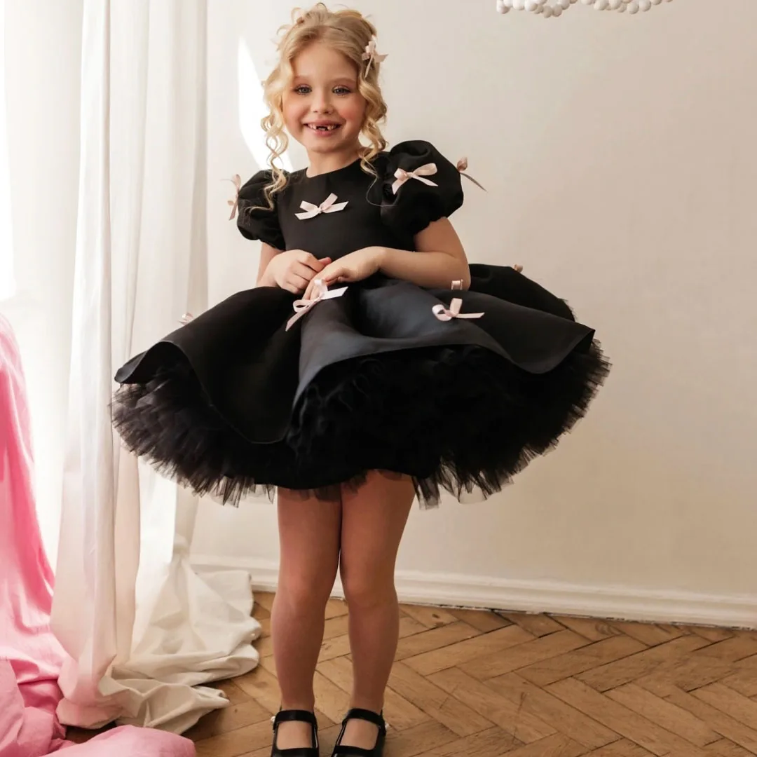 

Customized Bkack Flower Girl Dress Satin Tulle Puffy Bow Short Sleeve For Wedding Birthday Prom Pageant Holy Communion Gown