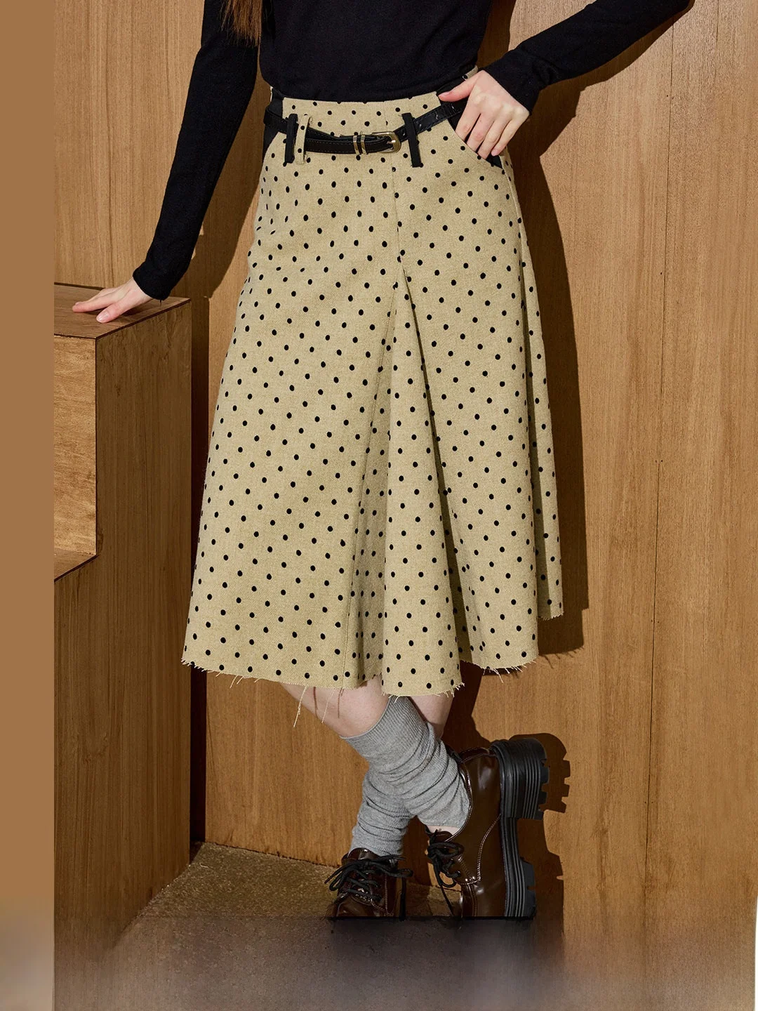 Coolhut Retro Polka Dot A-Line Midi Skirt Women's High Waist Slimming Versatile Commuter Skirt with Belt Polyester Blend