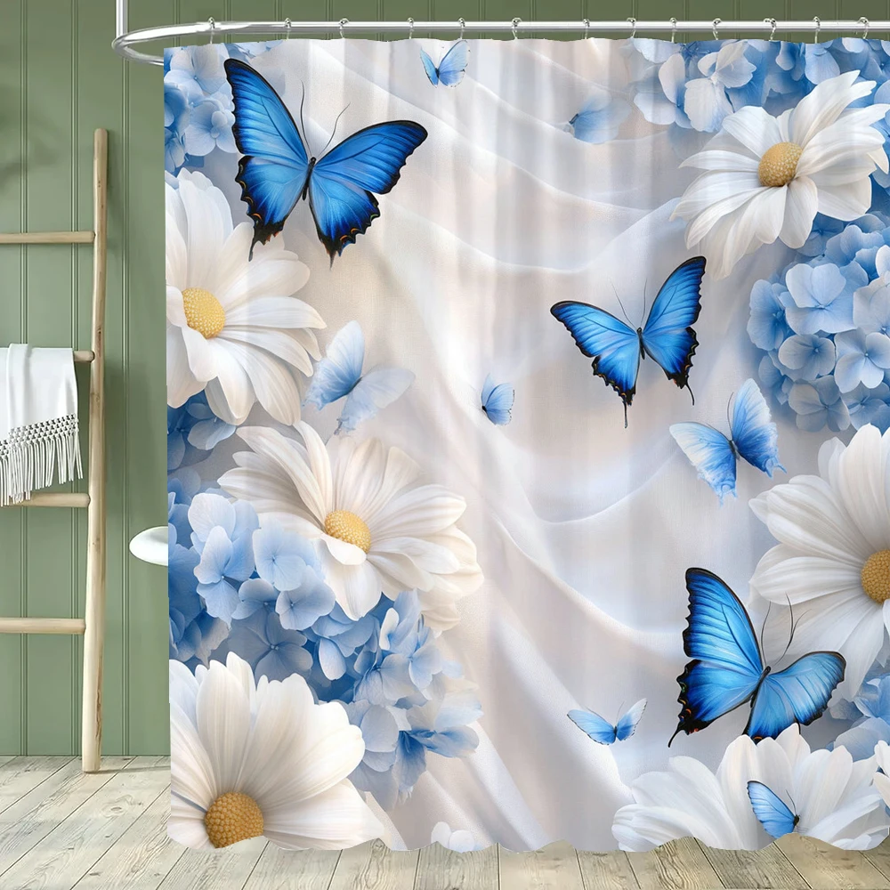 

Blue Flowers and Butterflies Shower Curtain Bath Curtain Printed Polyester Floral Bathroom Curtains for Home Decoration Curtain