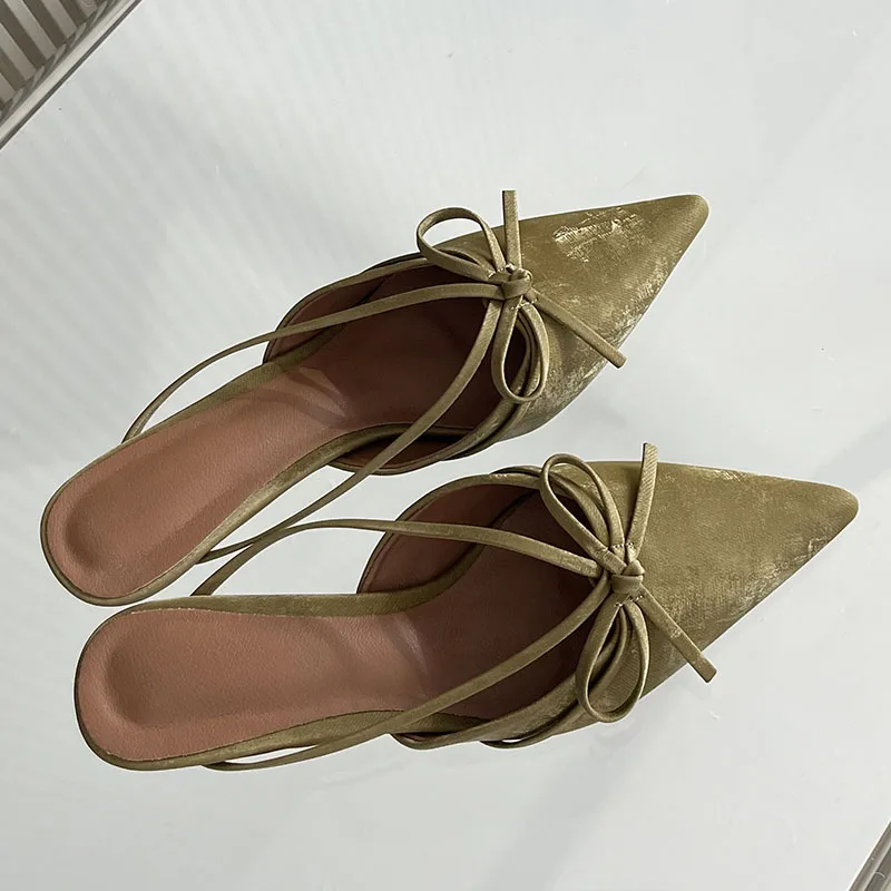 Female Pointed Toe Footwear New 2025 Pumps Women Low Heel Shoes Mules Fashion Butterfly-Knot Shallow Ladies Heel Shoes Slides