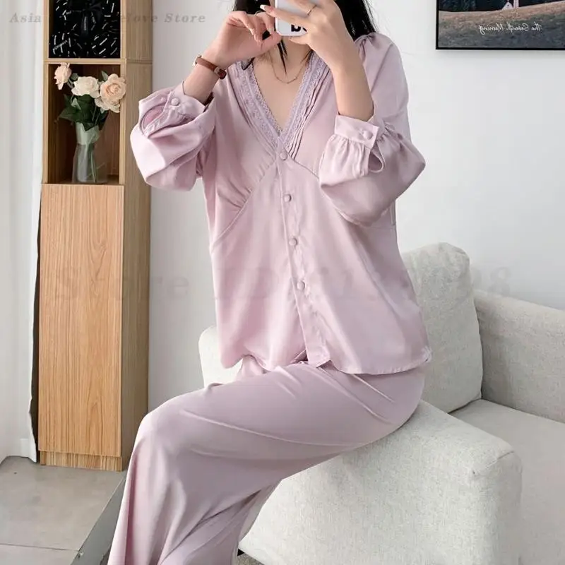 

Spring Summer 2PCS Pajamas Set Women Satin Sleepwear Long Sleeve V-Neck Trouser Suits Nightwear Loose Home Clothes Lounge Wear