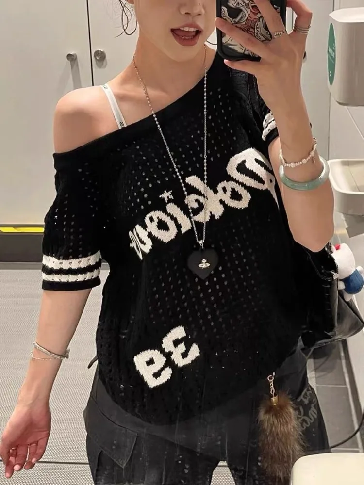 

HOUZHOU Vintage Y2k Women Knitted T-shirts Hollow Out Harajuku Off Shoulder Crochet Top Korean Gyaru Streetwear Short Sleeve