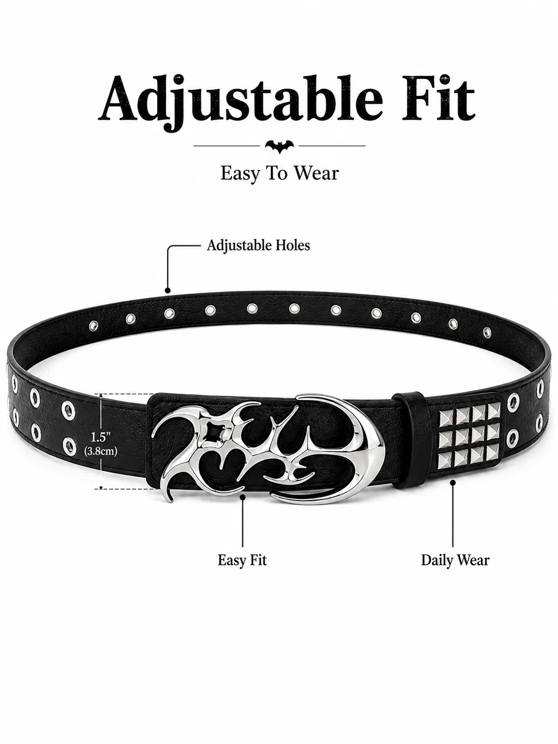 Punk Bat Buckle Belt Faux Leather Gothic Streetwear Waistband, Metal Eyelet Studded Belt for Women Men Party Festival Jeans view 5