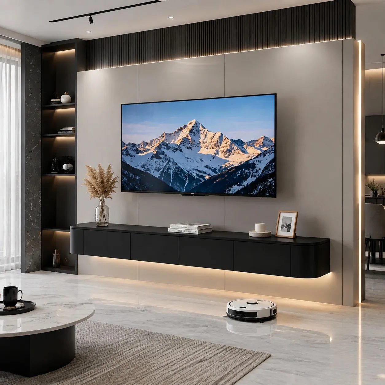 Floating TV Stand Wall Mounted With LED Lights Fully Assembled Floating Media Console With Drawers Storage & Cable