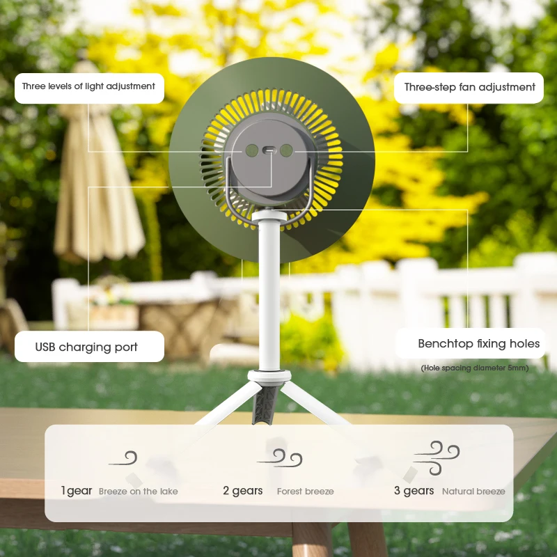 3 in1 5000mAh Camping Fan Rechargeable Desktop Portable Electric Fan Wireless Ceiling Electric Fan with LED Lighting Tripod