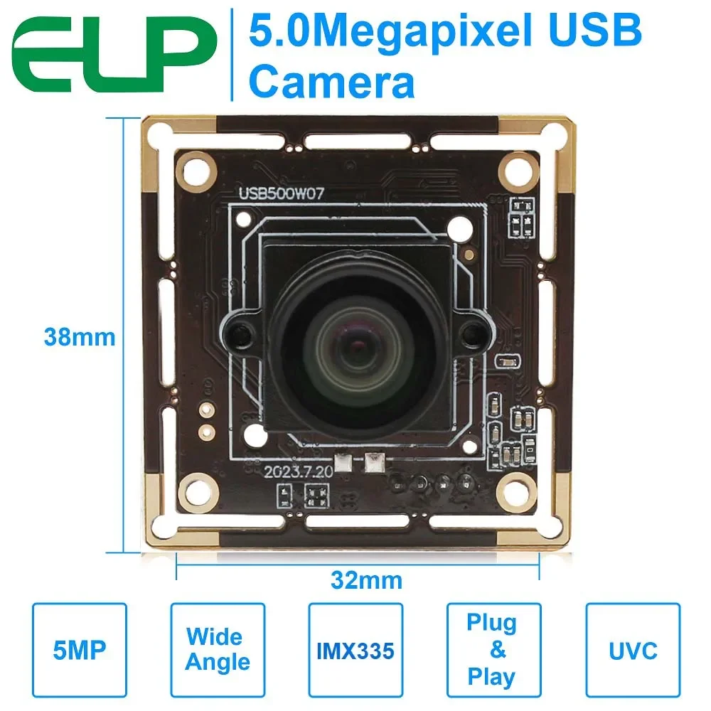 Módulo de cámara USB ELP de 5MP, 30fps, gran angular, sin lente de distorsión, controlador gratuito, Mini cámara USB, Sensor CMOS IMX335 para visión inteligente