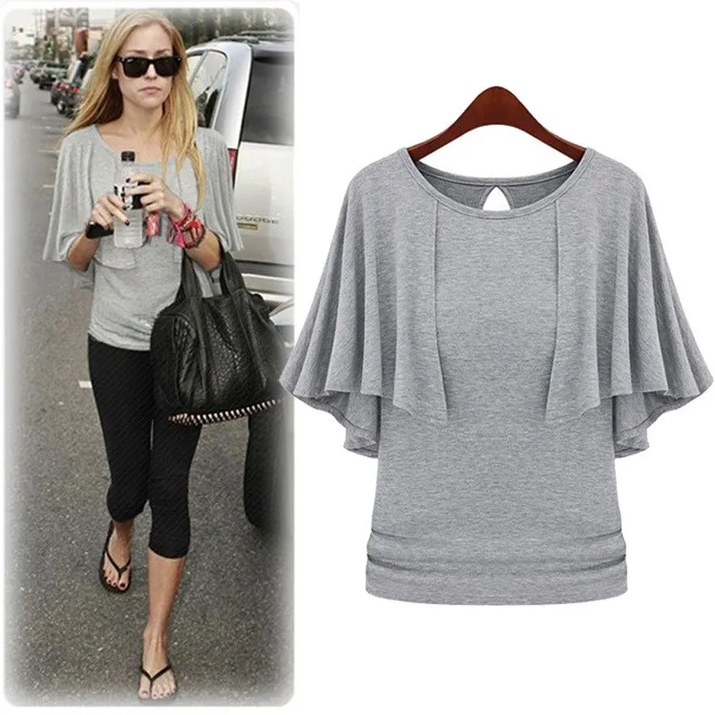 

Summer Blouse Women T-irt plus Size Ladies Tops Pure Color Loose Fit Svel Chiffon Material Floral Trim Casual Wear