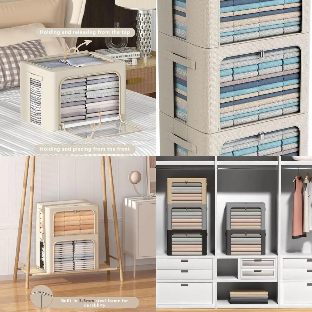 

Очень большой складной контейнер для хранения объемом 100 л с прозрачным окном и ручками для переноски для одежды — органайзер из бежевой ткани Оксфорд