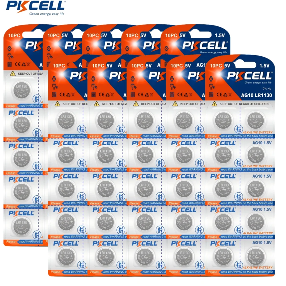 100 шт. PKCELL AG10 LR1130 батарейка-таблетка LR 1130 389A LR54 L1131 для щелочной батареи часов слуховой аппарат фонарик календарь