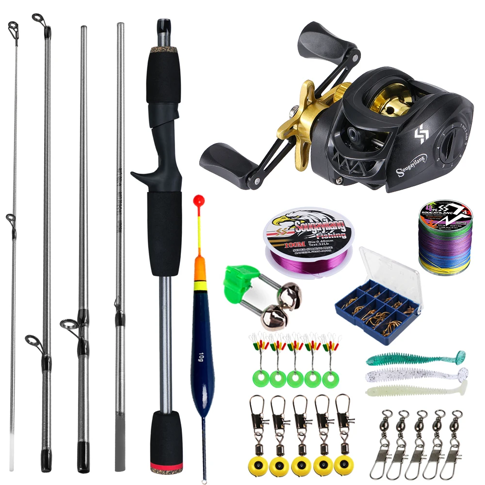 Sougayilang Baitcasting-Angelrute und Rolle, komplettes Kit, 5-teilige Angelrute und Aluminium-Spulenrolle für Süßwasser-Barsch-Angelset 9
